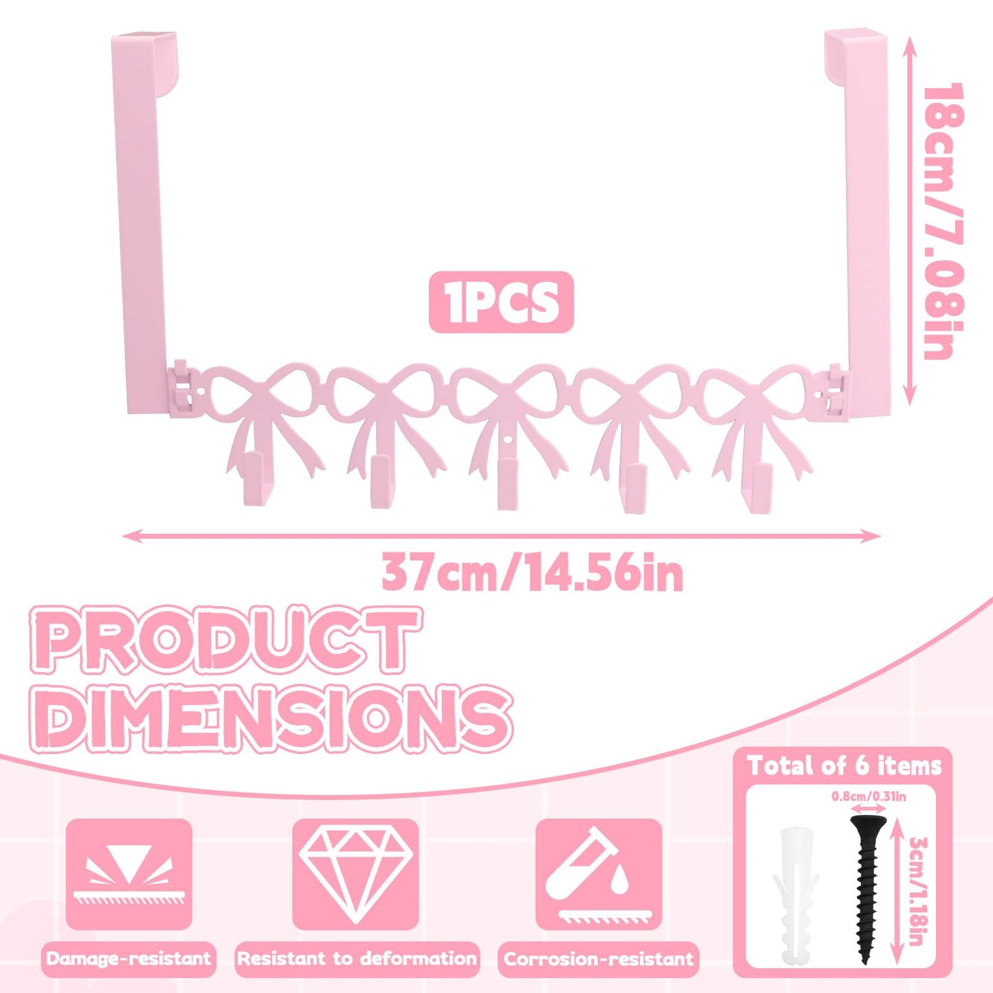 Yitexin 2 Way Mounting, Wall Mount or Over the Door Hooks, Cute Pink Bow Door Rack Hanger for Hanging, Heavy Duty Towel Rack with 5 Hook for Hats Purses Coats Clothes Bathroom Organizer (Pink)