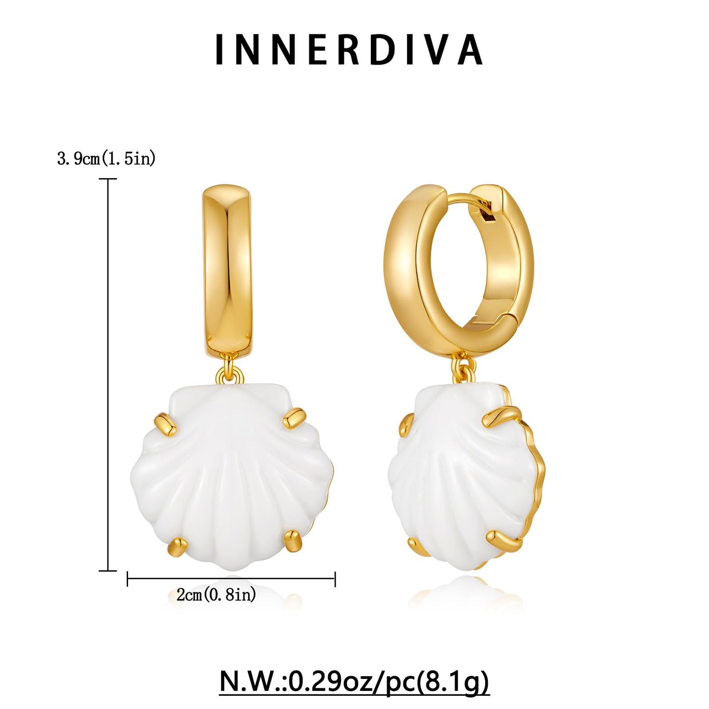 INNERDIVA White Seashell Earrings, Gold Plated Copper Ocean Statement Jewelry Summer Beach Seashell Earrings for Women