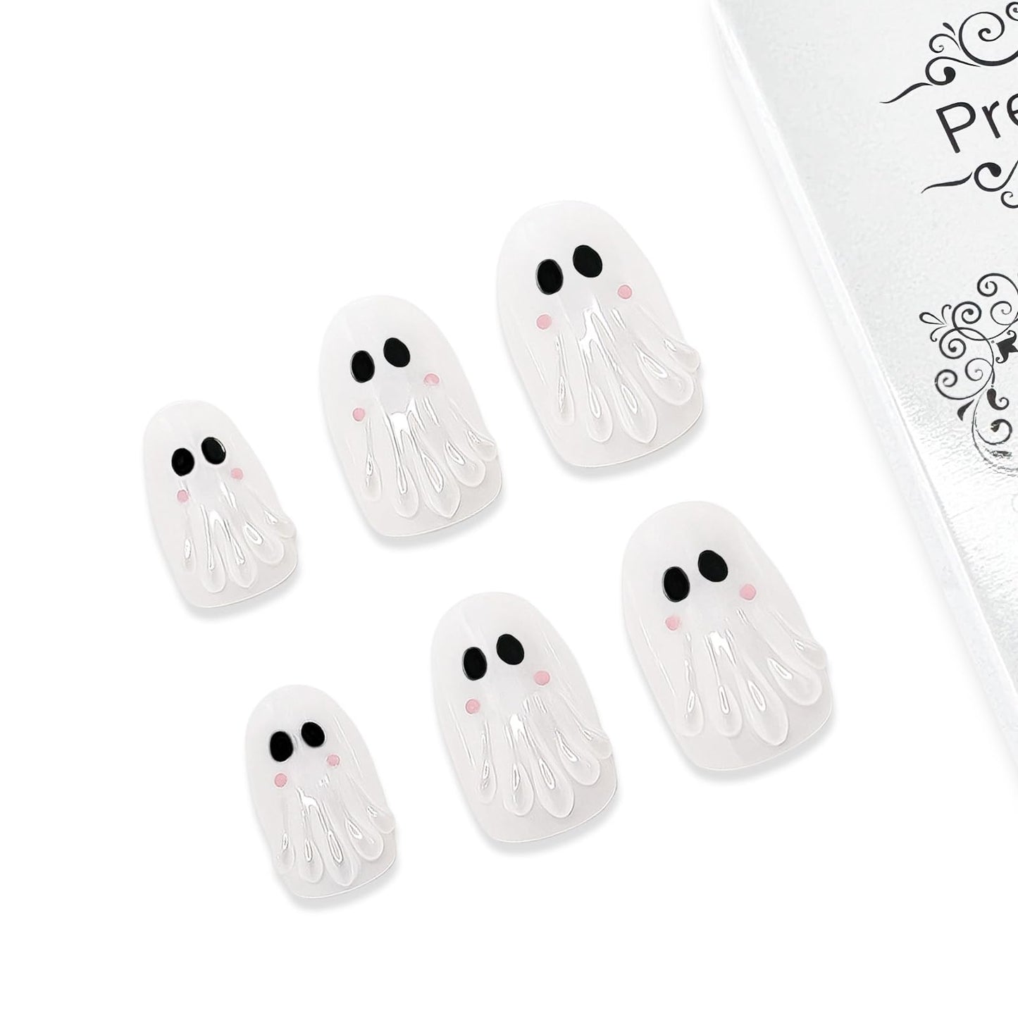Halloween Press on Nails Glossy Chrome Fake Nails with White Little Ghost Design Medium Almond Shape Fake Nail Full Cover Acrylic False Nails Stick on Nail for Women DIY Art Manicuare 24 Pcs