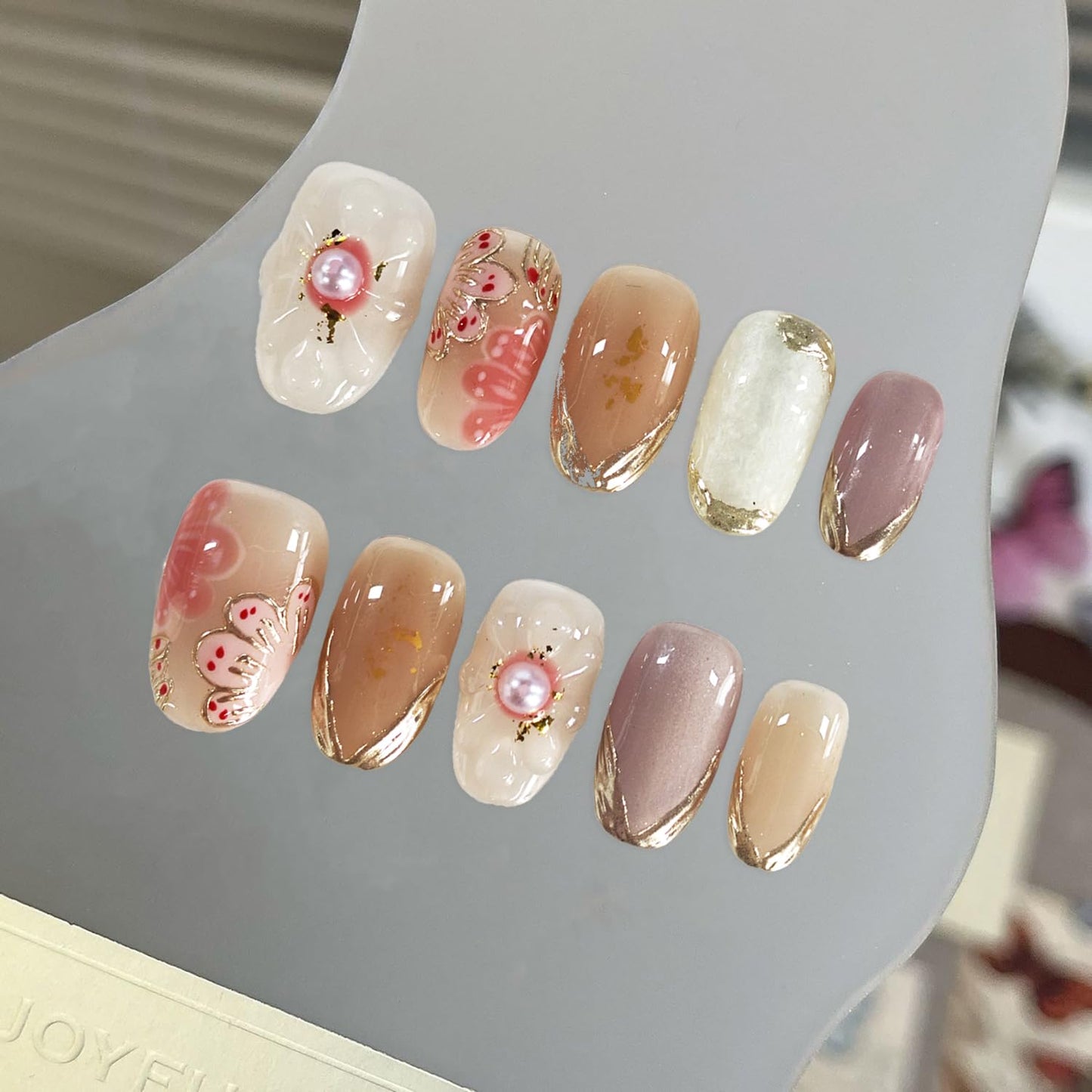 Pink Flower Press on Nails Luxury 3D Pearl Embossed Designs Muti-Layer Gel False Nails Full Cover Short Almond Acrylic Nails Handmade Press on Nails French Tip Stick on Nails for Women (Size M)