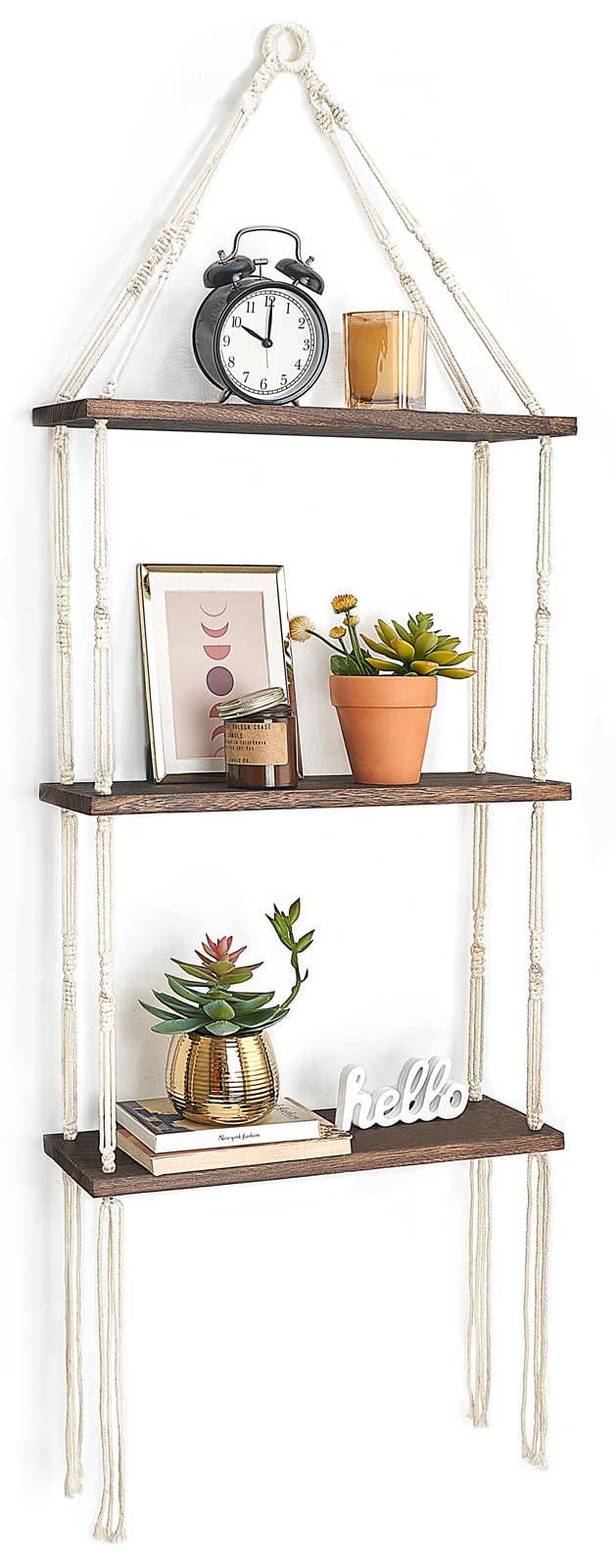 Mkono Macrame Wall Hanging Shelf 3 Tier Wood Floating Shelves with Cute Woven Rope Boho Room Decor Display Photos Plant Hanging Storage Shelves for Bathroom, Bedroom, Living Room, Nursery