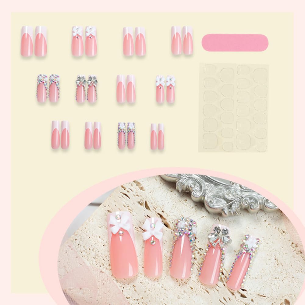 Hrnsnails Long Square Press On Nails French Tip White Fake Nails with Butterfly Charm Rhinestones Nail Press Ons Design, Artificial False Nails Press On Nail Kit Stick On Nails for Women