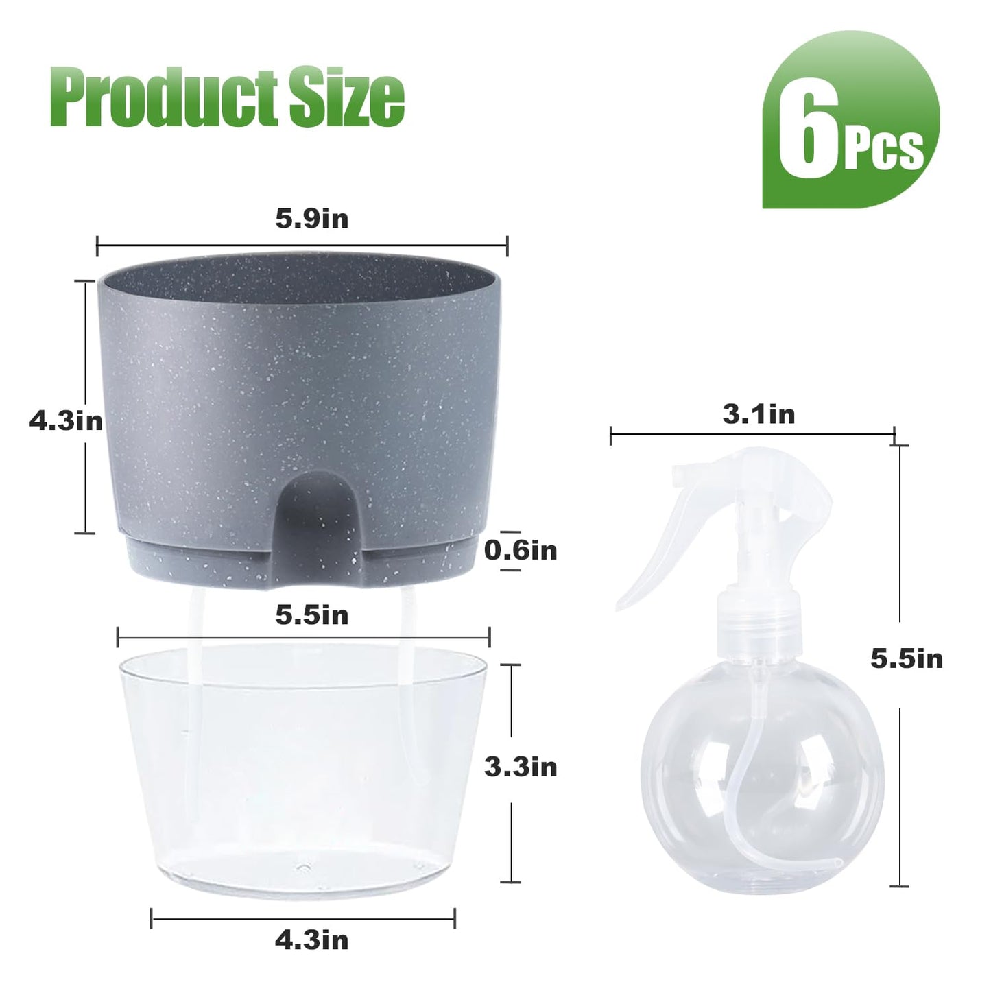 Oliz 6 Inch Self Watering Pots for Indoor Plants, 6 Pack Grey Plastic Flower Pots with Drainage Holes for African Voilet Herbs All House Plants (Include 1 Spray Bottle)