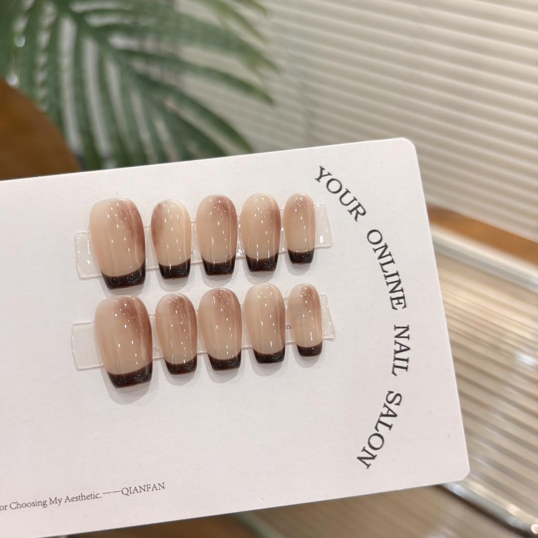 Mocha Gradient French Tip Press On Nails, Medium Almond Shape, Reusable Manicure Set，Gradient Nude Fake Nails for Office Wear (M)