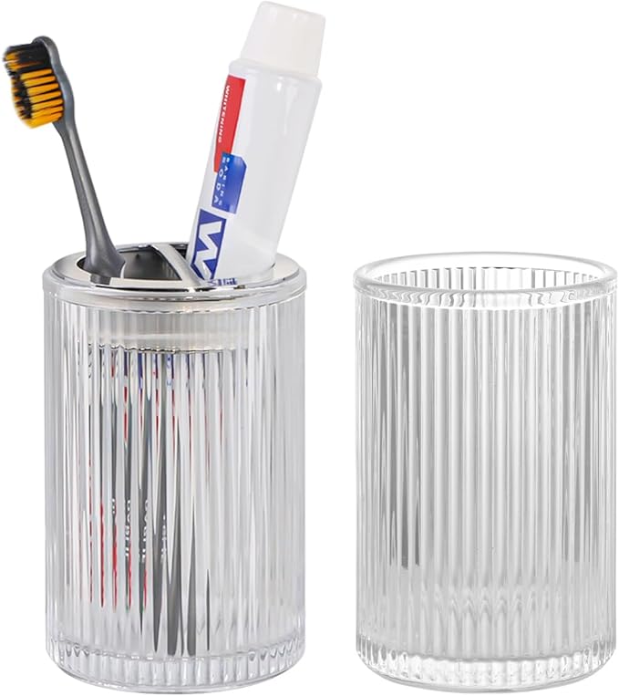 Clear Toothbrush Holders for Bathrooms, 2pcs Glass Toothbrush Holder and 12oz Bathroom Tumbler Cup Set, Silver Tooth Brush and Toothpaste Organizer for Bathroom Vanity Countertop