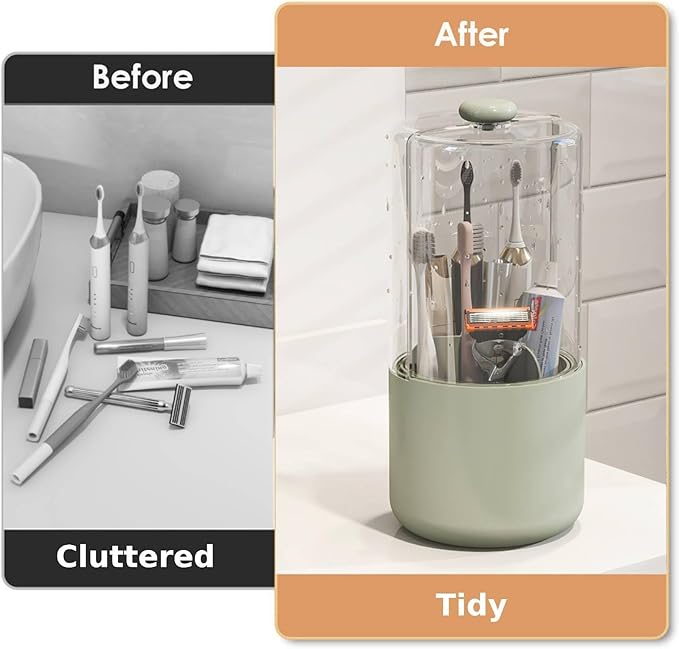 Toothbrush Holder with Cover 360 Rotating 4 Compartments Bathroom Toothpaste Electric Toothbrush Organizer, Light Green