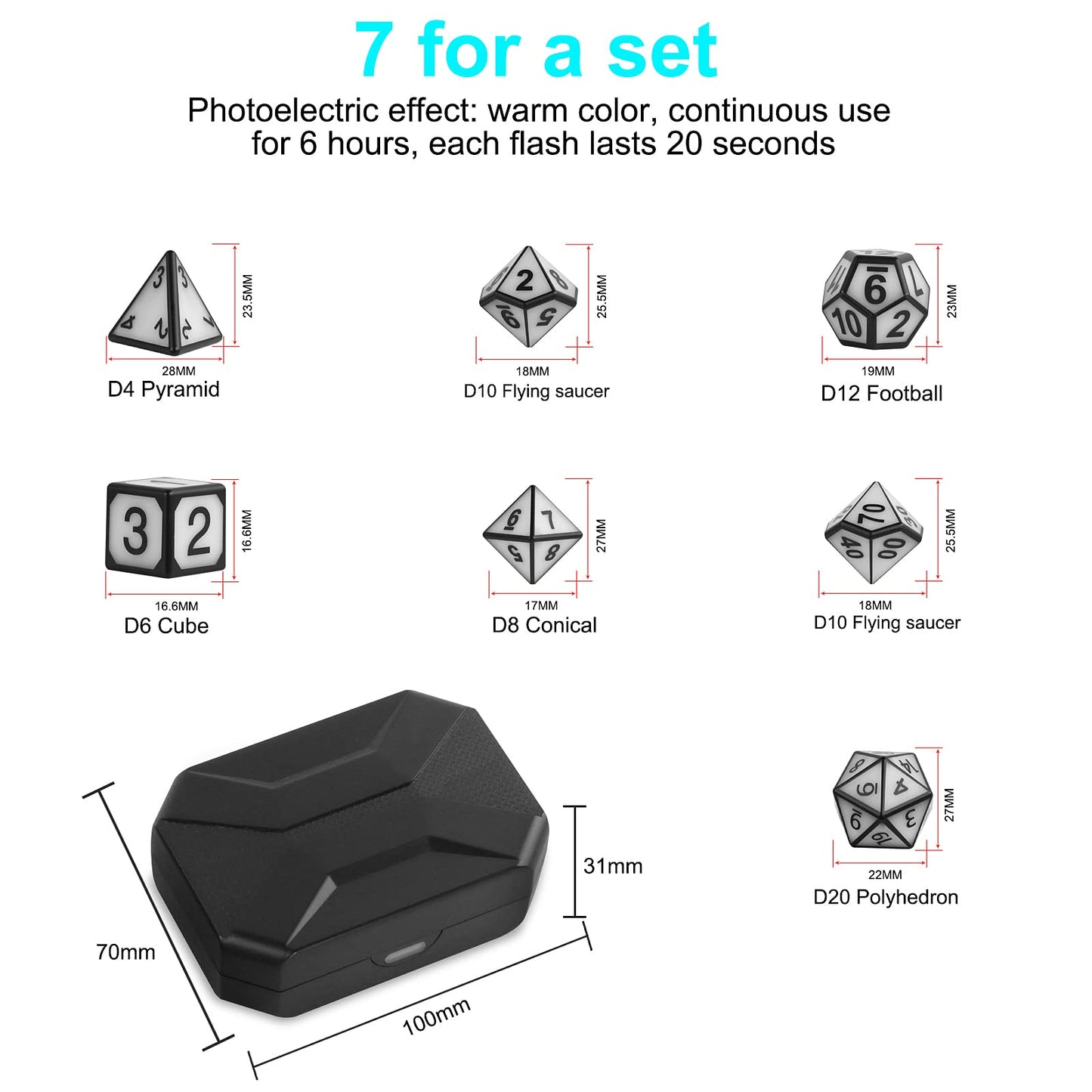 HTPOW Light Up DND Dice Set of 7 USB Rechargeable Role Playing Dice with Charging Box, Valentine's Day Gift Shake to Light up LED Dice for Dungeons and Dragons Role Playing Tabletop Games