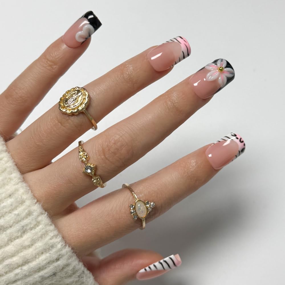 MAGLFELL Press On Nails Handmade Square Fake Nails, Painting Black 3D Stripe and Floral Design, Short Square Acrylic Nails, Reusable Artificial 15 Sizes - 30Pcs Stick On Nails Kit for Women