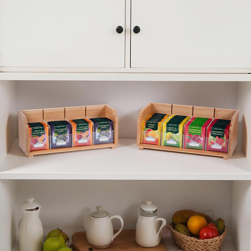DOUKE Wooden Tea Bag Organizer – 2-Tier Stackable Tea Box with Adjustable Dividers, Safe Bamboo Tea Storage, Countertop Tea Holder for Coffee Tea Station, Kitchen, Office