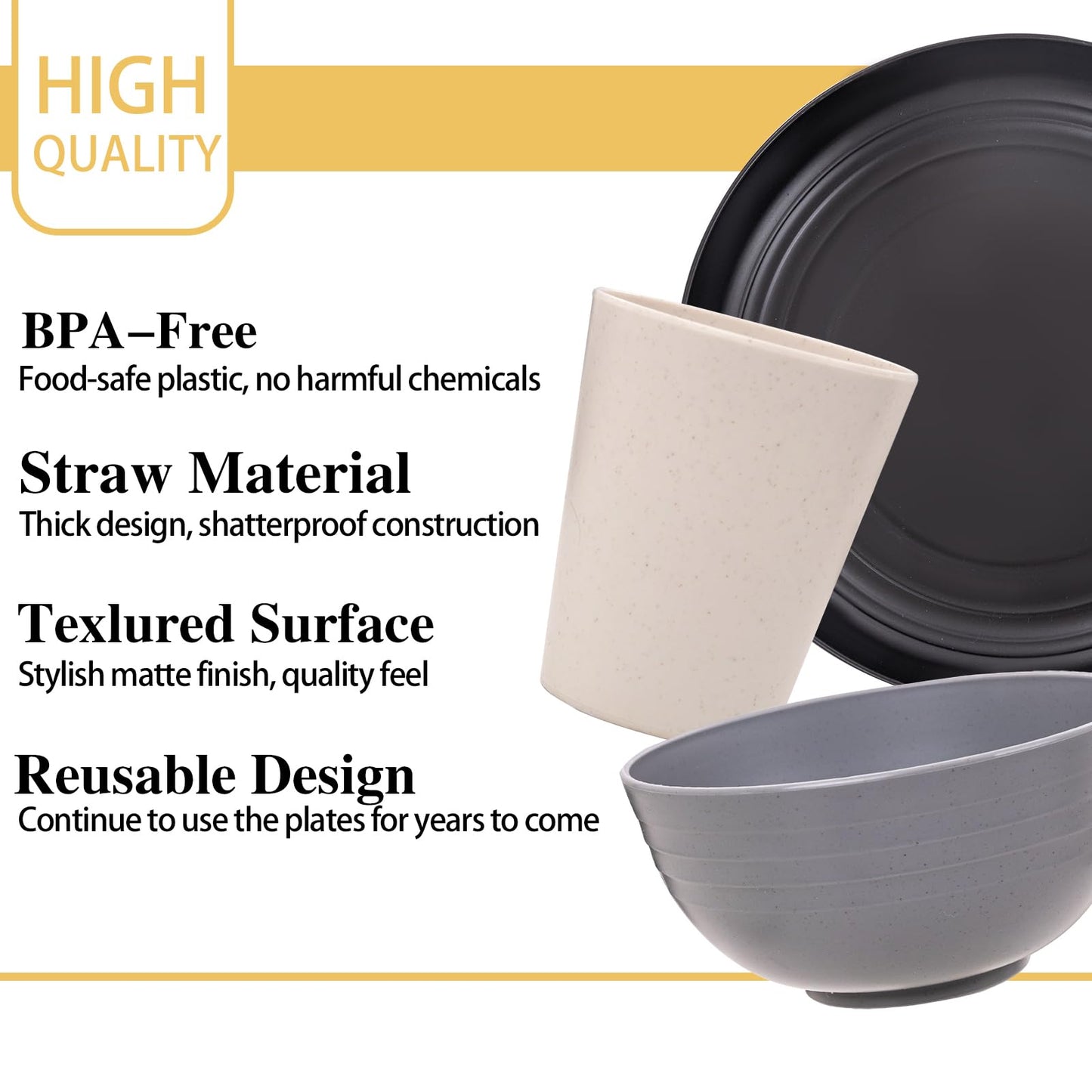 Rubtlamp Wheat Straw Dinnerware Sets, 16PCS Plastic Dinnerware Set for 4, Wheat Straw Plates and Bowls Sets, Unbreakable Dinnerware Plastic Microwave Safe Dishes Set for Kitchen&Camping