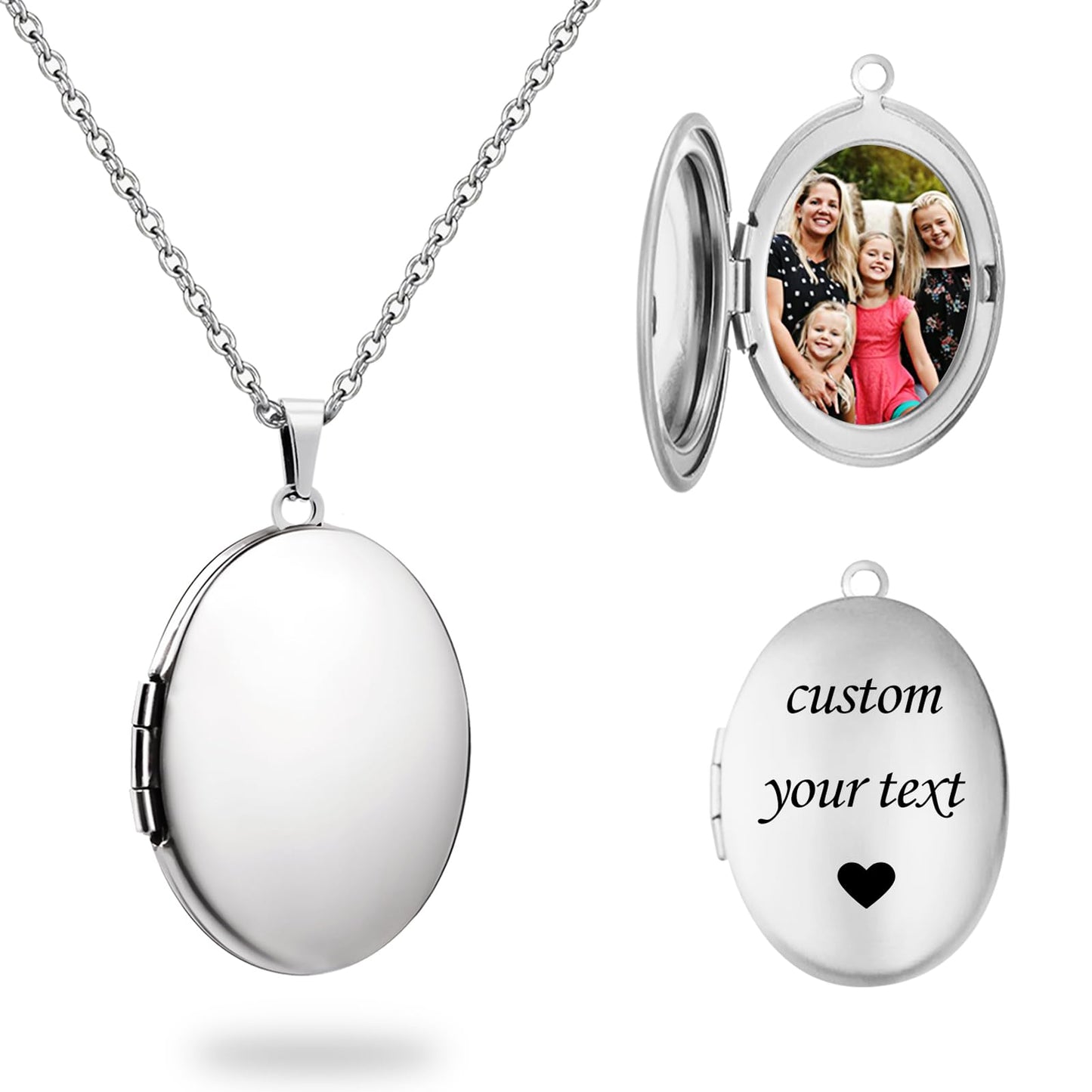 PHOCKSIN Glossy Oval Silver Lockets Personalized Locket Necklace for Women Custom Photo Locket Necklace with Text & Symbols Customized Lockets Gifts for Women