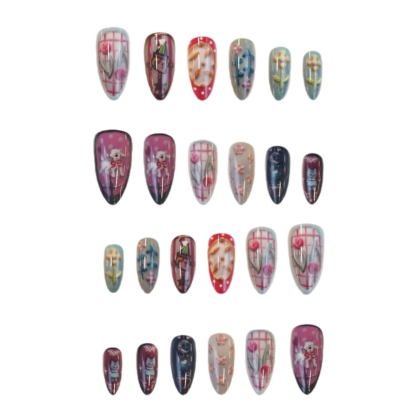 Press on Nails Medium Almond SWEKKE Fake Nails Cute False Nails with Polka Dots Flower Cat Sheep Designs Glossy Glue on Nail Full Cover Acrylic Nails for Women Girls 24Pcs