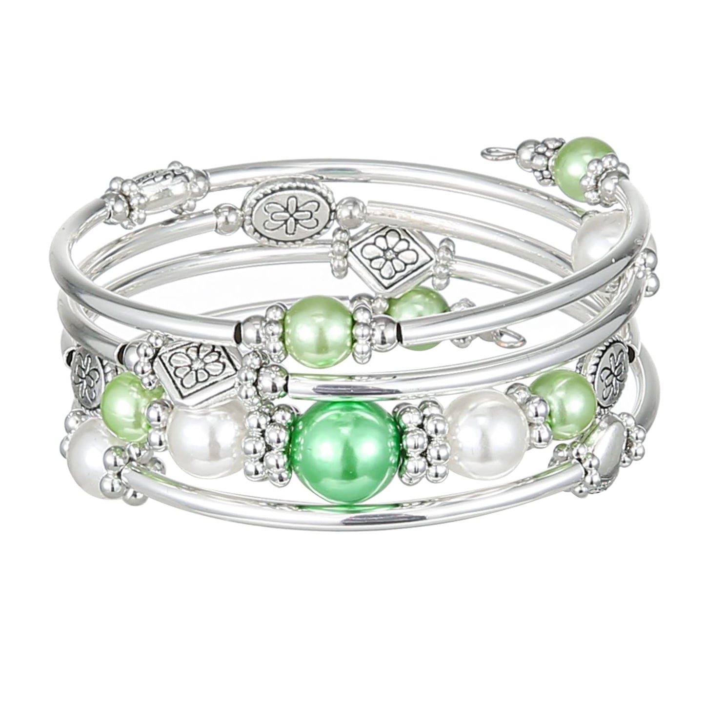 FULU AUTUMN Beaded Pearl Bangle Bracelets for Women Silver Wrap Bangles Bracelet Womens Costume Jewelry Fashion Gift(18-Green)