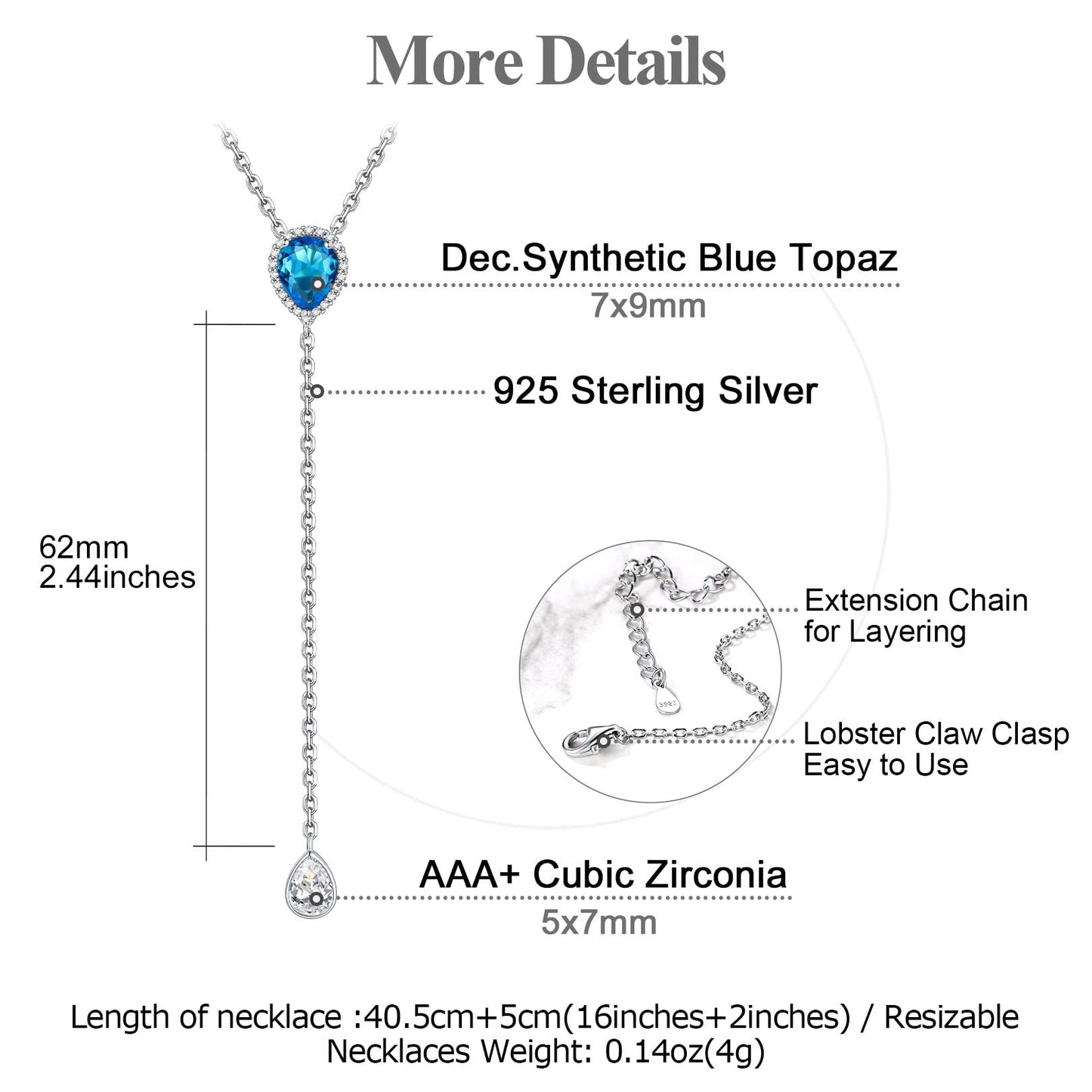 FOCALOOK 925 Sterling Silver CZ Teardrop Lariat Necklace 16"-18" Y Drop Adjustable Birthstone Necklaces Christmas Gift for Women