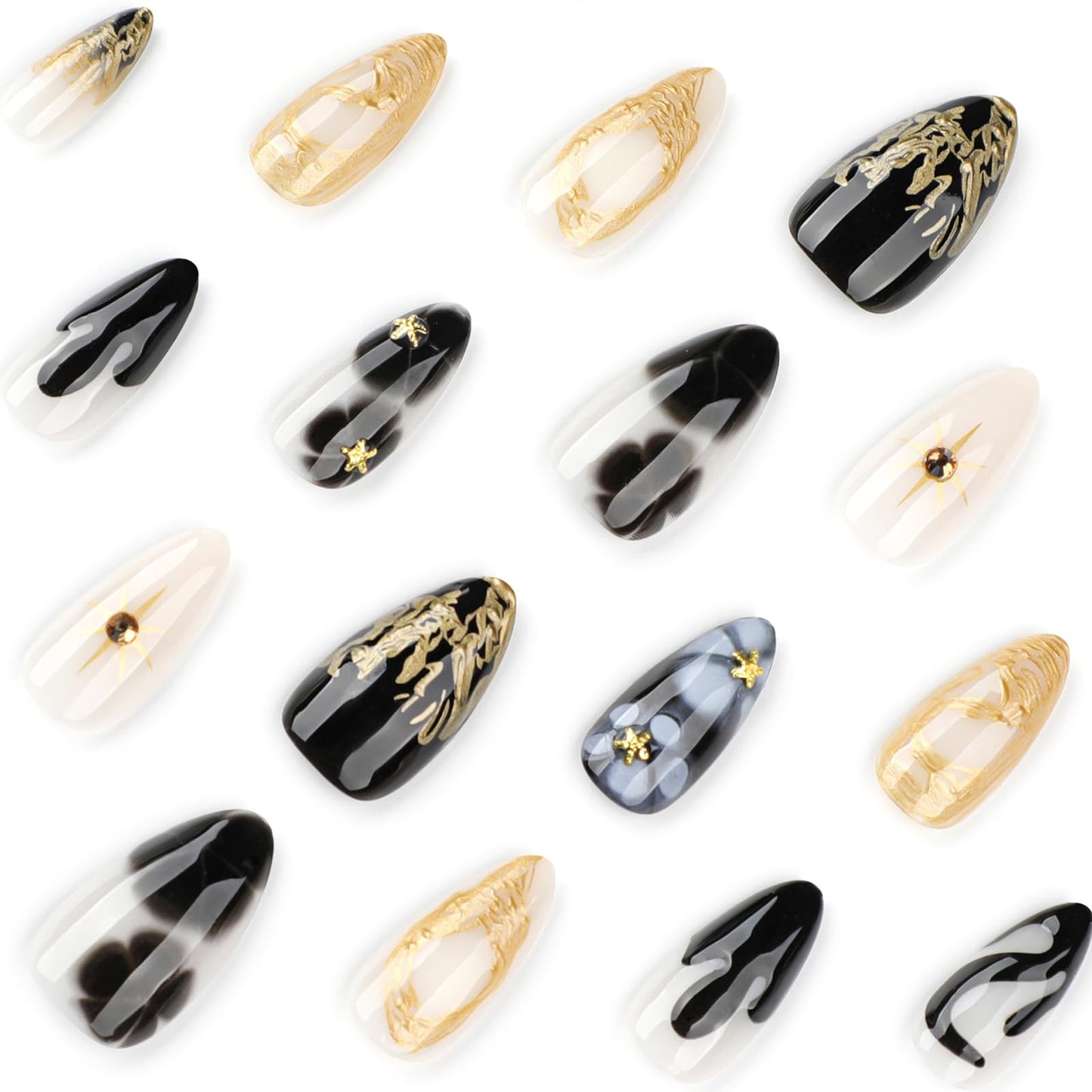 MISUD Press on Nails - Medium Almond Fake Nails with Black Flower, Acrylic Gold Chrome Design 24 pcs