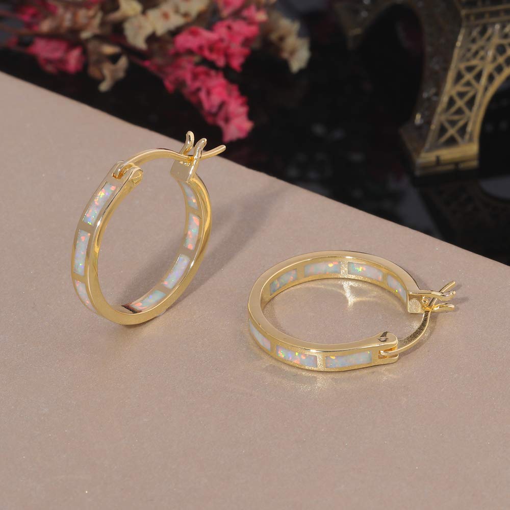 CiNily Hoop Earrings for Women,18K Yellow Gold Opal Earrings Ear Hoops Hypoallergenic Earring Gemstone Round Hoops for Ladies, Mom Small Hoop Earring