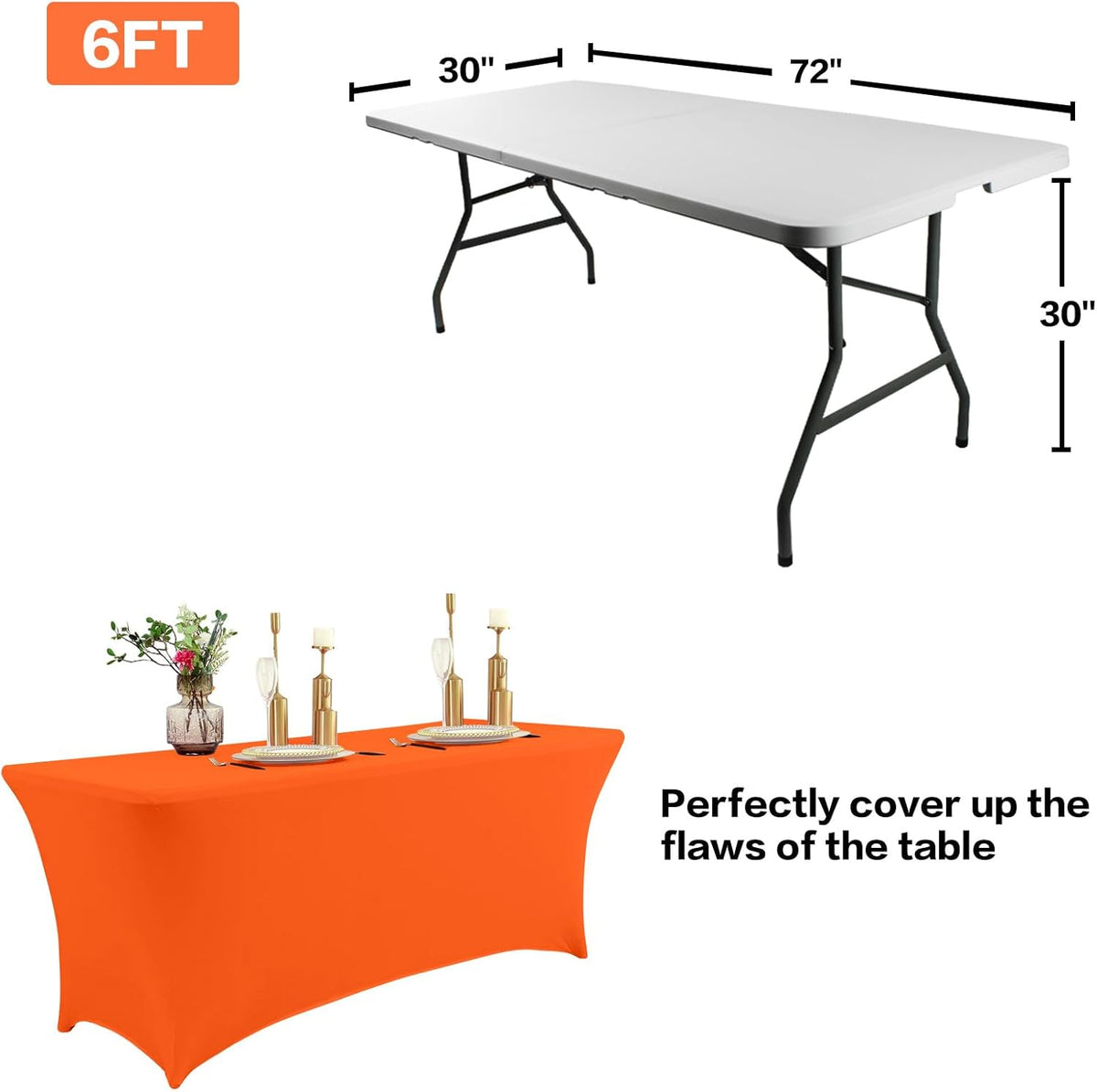 IVAPUPU 2 Pack 6FT Table Cloth for Rectangular Fitted Events Stretch Orange Table Covers Washable Spandex Tablecloth Protector for Party, Wedding, Cocktail, Banquet, Festival