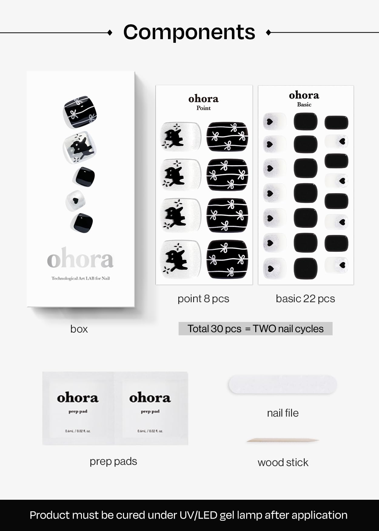 ohora Semi Cured Gel Pedi Strips (P Jumping Cat) - Black, Works with Any UV/LED Lamps, Salon-Quality, Long Lasting, Easy to Apply & Remove - Includes 2 Prep Pads, Nail File & Wooden Stick
