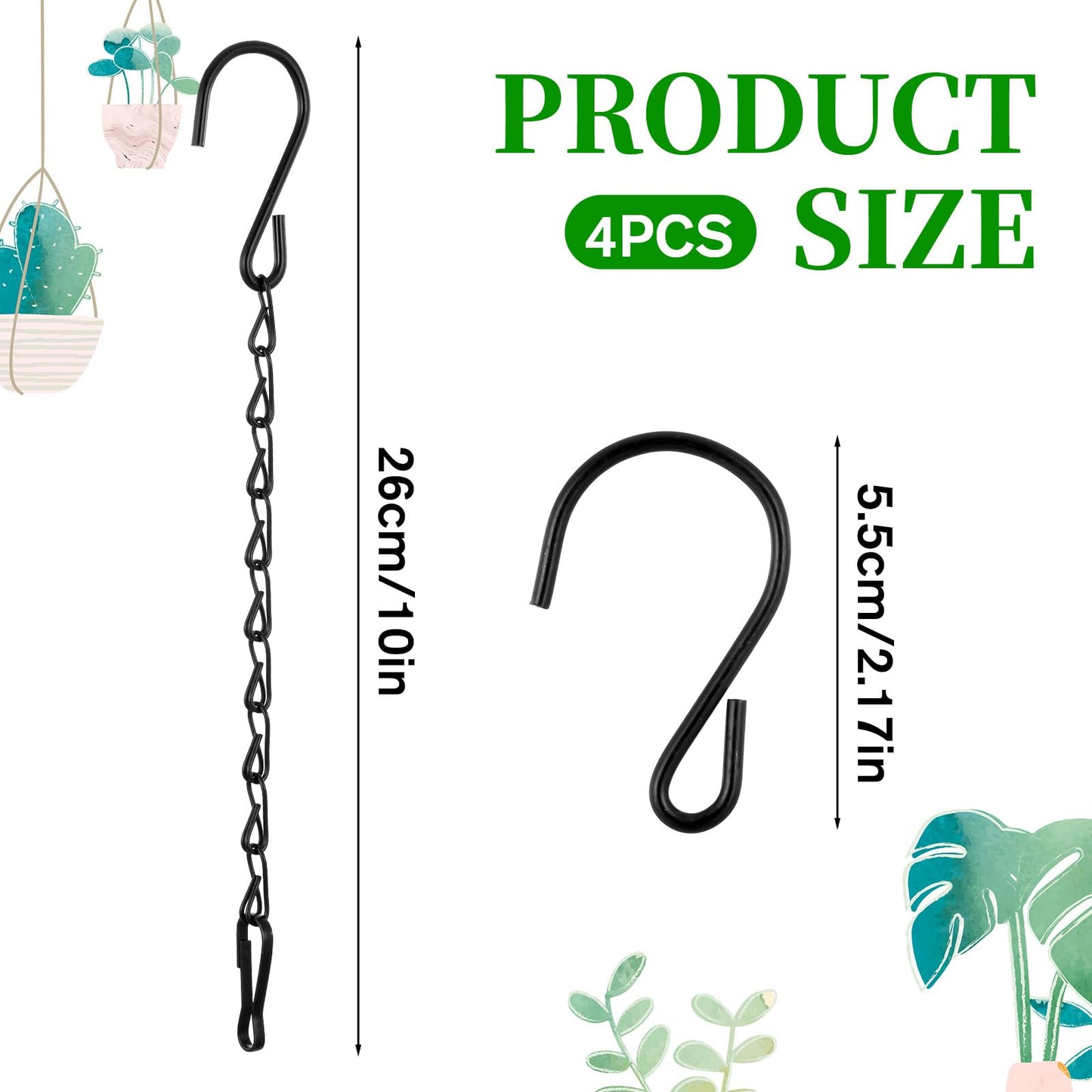 4 Pcs Chain for Hanging Plants, 10 Inch Plant Chains with Hooks, Black Adjustable Hanging Chain for Planters, Baskets, Bird Feeder, Birdbaths