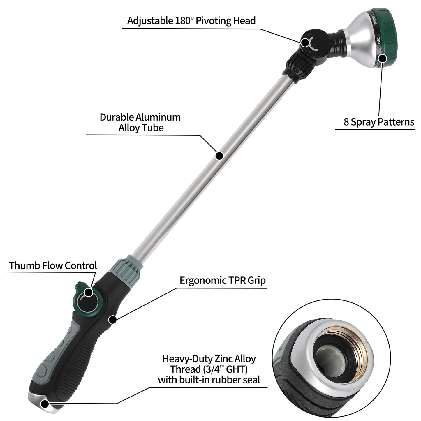 Seatern Watering Wand for Garden Hose, 24 Inch, 8 Spray Patterns, Garden Hose Nozzle with Thumb Flow Control, Adjustable Water Sprayer with Pivoting Head, Ideal for Hanging Baskets and Shrubs