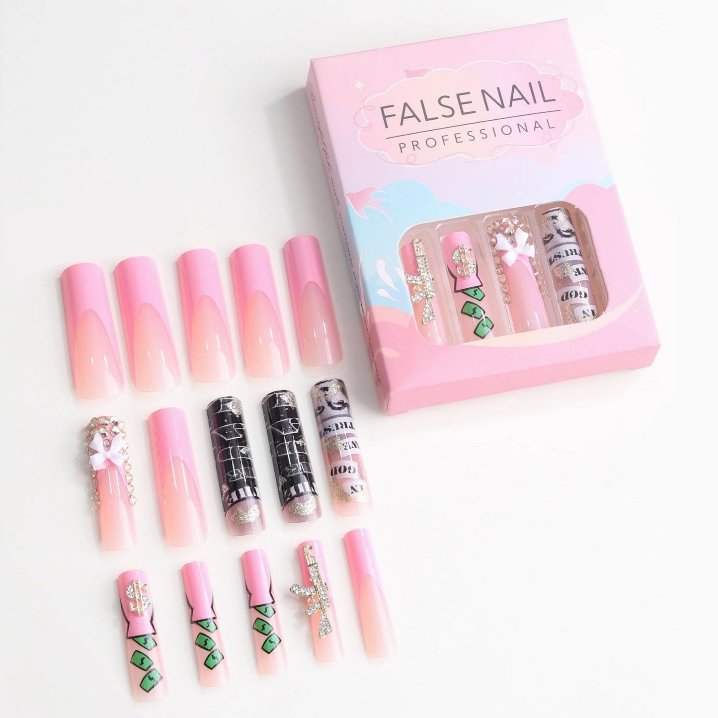 MISUD Press on Nails - Extra Long Square Glue on Nails with French Tip, Acrylic Dollar Money Design 24 pcs