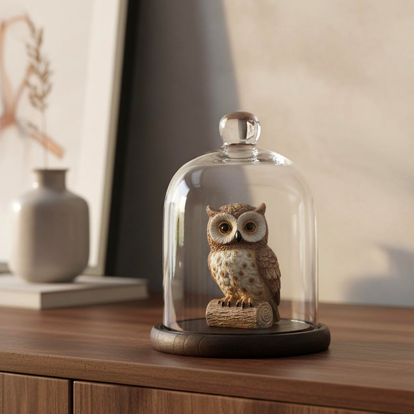 MyGift Clear Cloche Glass Dome,9 Inch Display Bell Jar with Top Handle and Rustic Brown Solid Wood Base