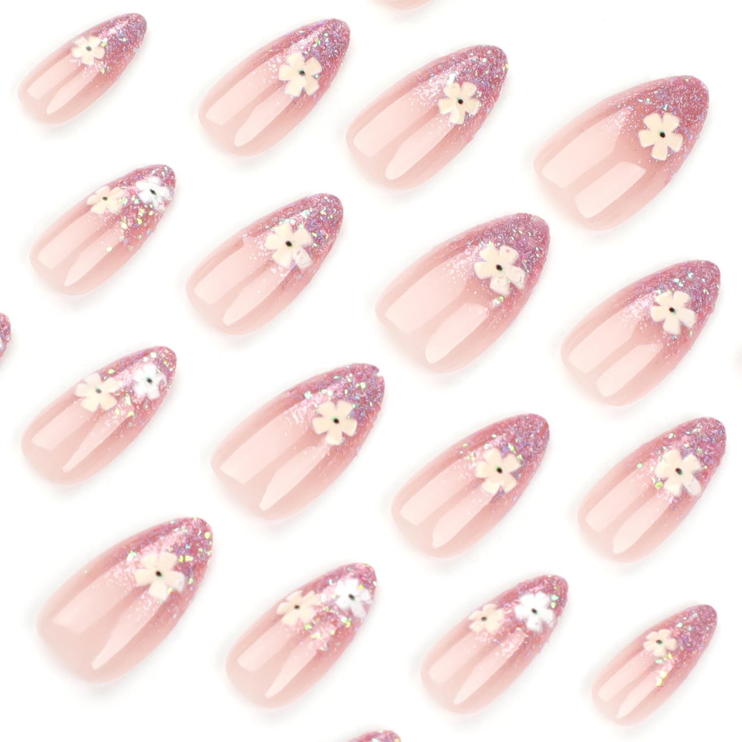 Spring Press on Nails Short Almond Fake Nails with White Flower Glitter Designs Nude Pink Nails Press ons Glossy Full Cover Glue on Nails Reusable Acrylic Artificial Nails for Women