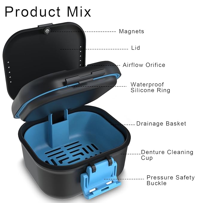 BVN Leakproof Denture Cup, Upgraded Carrying Storage, Denture Bath Box with Filter, Denture Cup for Soaking Dentures, Travel Retainer Cleaning Case (Black+Blue).