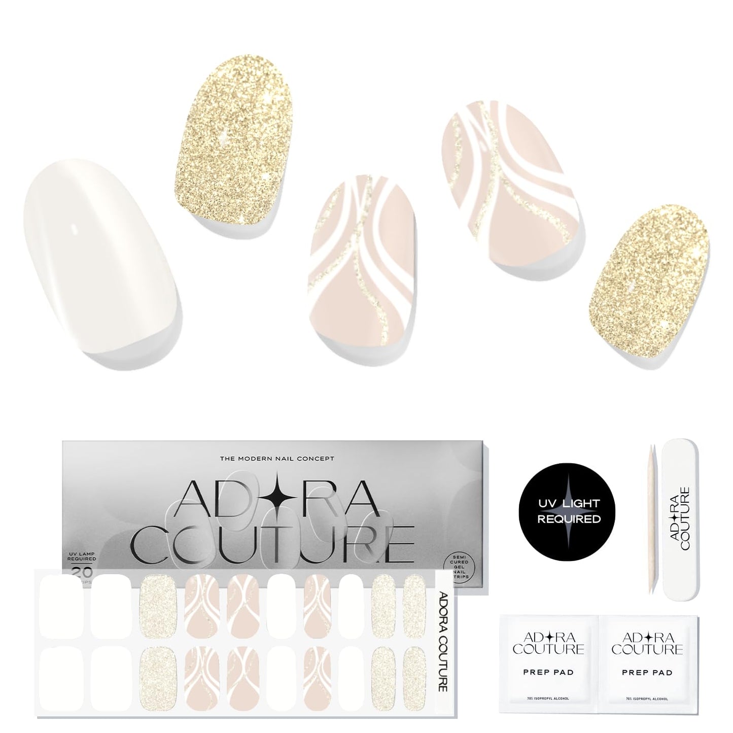 Adora Couture Semi Cured Gel Nail Strips with 20 Pieces - UV Gel Stickers, Manicure Kit, Easy Application Wraps Includes Prep Pads, Nail File, Wooden Stick - UV Light Required (Luxe Wave)