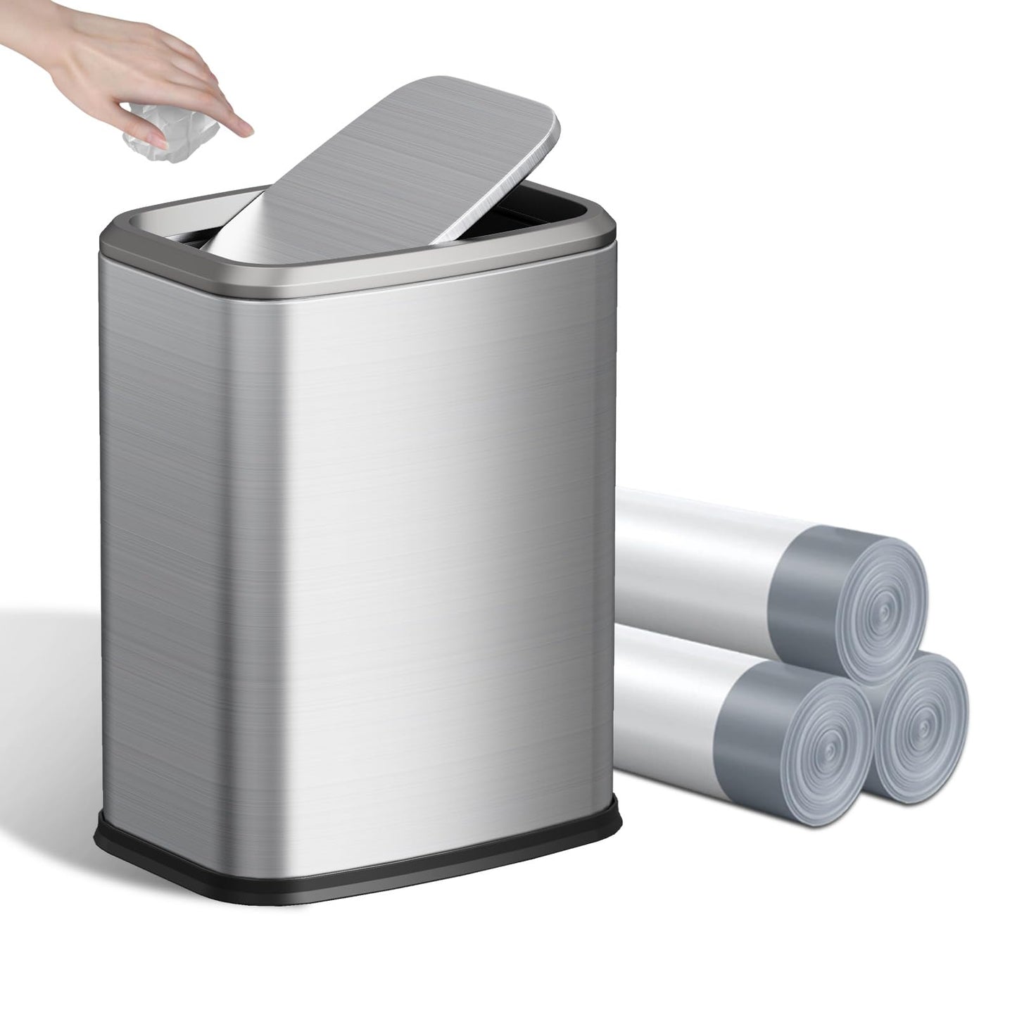 KHMMGK 8L/2.1 Gal Small Bathroom Trash Can with Lid, Swing-Top Rectangular Waste Bin, Stainless Steel Garbage Can for Home, Office, Toilet, Bedroom, Living Room (Silver)