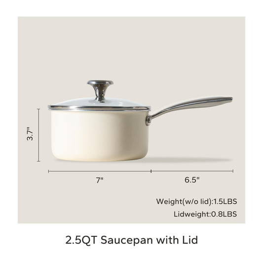 Redchef Ceramic Sauce Pan with Lid, 2.5QT Small Saucepan, Nonstick Cooking Pot with Stay-Cool Handle, Kitchen Non Toxic Soup Pot, PTFE & PFOA Free, Oven Dishwasher Safe, Compatible All Stovetops-Beige