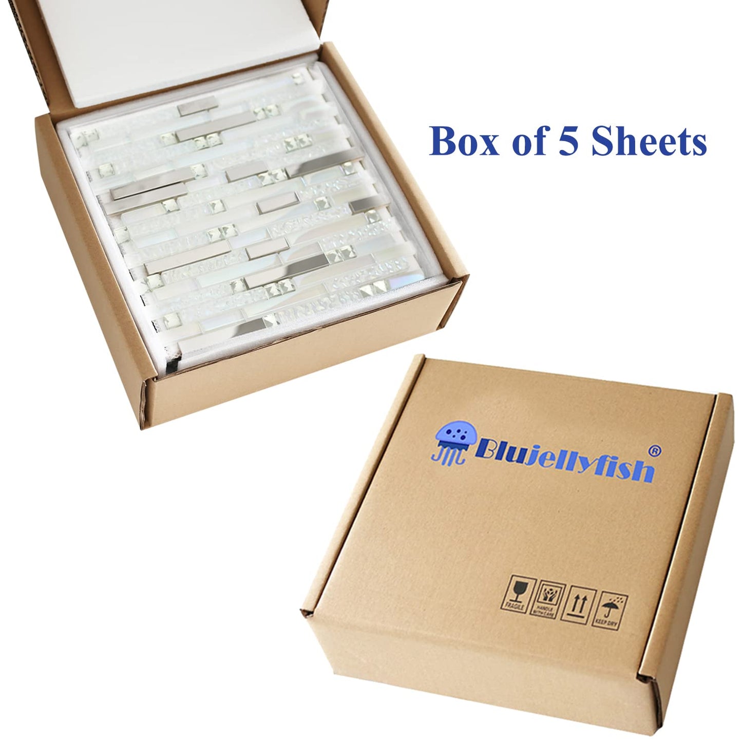 Blujellyfish Glass Metal Tile Iridescent White Glass Silver Mirror Stainless Steel Blends Interlocking Strip Wall Tiles TSTNB01 (Pack of 5 Sheets)