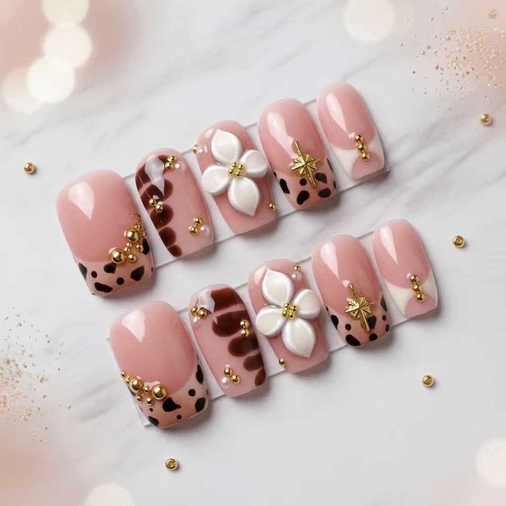 MikaJayboo Handmade Press n Nails Medium Square Nude Pink Leopard Print Fake Nails with 3D Flower Gold Bead for Women Glue on Nails for Daily Party 10Pcs(Size M)