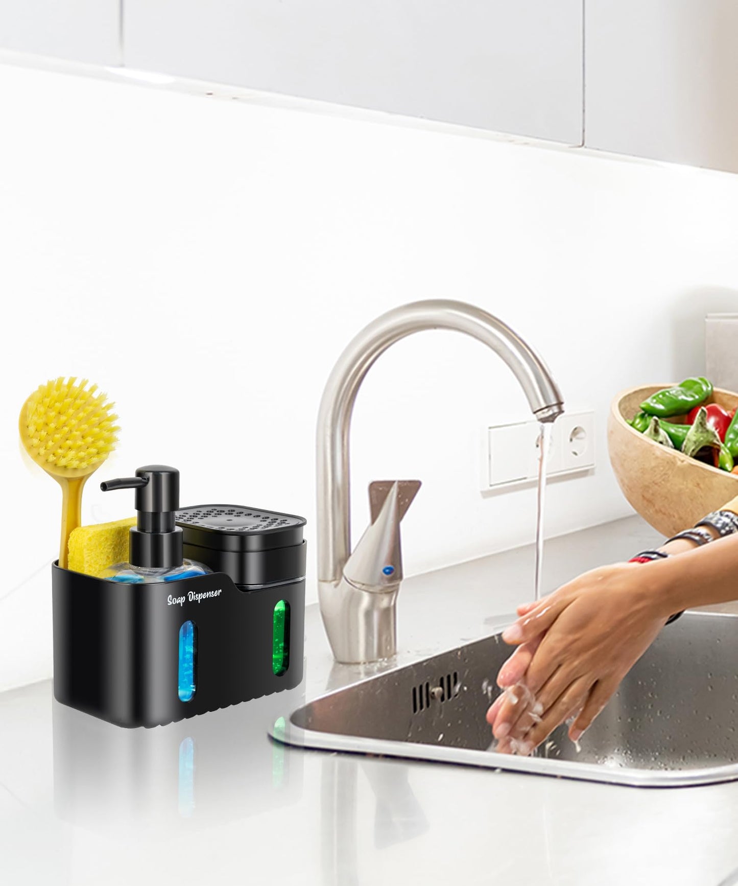 Hand Soap and Dish Soap Dispenser Set for Kitchen, Dual Soap Dispenser with Sponge Holder and Dishcloth Holder 4-in-1 Organizer for Kitchen Sink Countertop, Useful Kitchen Gadgets (Black)
