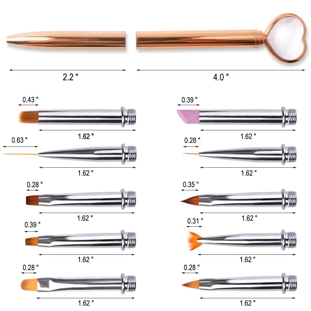 SILPECWEE Acrylic Nail Brush Set, 10-Piece Replacement Head- Liner, Oval, Flat, Angled, Fan, Ombre, Pumice Stone, Drawing Nail Design Tool Nail Art Brushes Nail Polish Brush Manicure Brushes