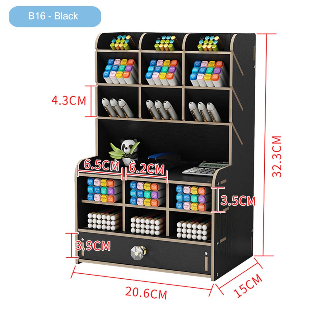 Wooden Desk Organizer with Drawer, Large Capacity DIY Pen Holder Storage Box Desktop Stationary Storage Rack, Pen Organizer Caddies for Office, Home and School Supplies (B16-Black)