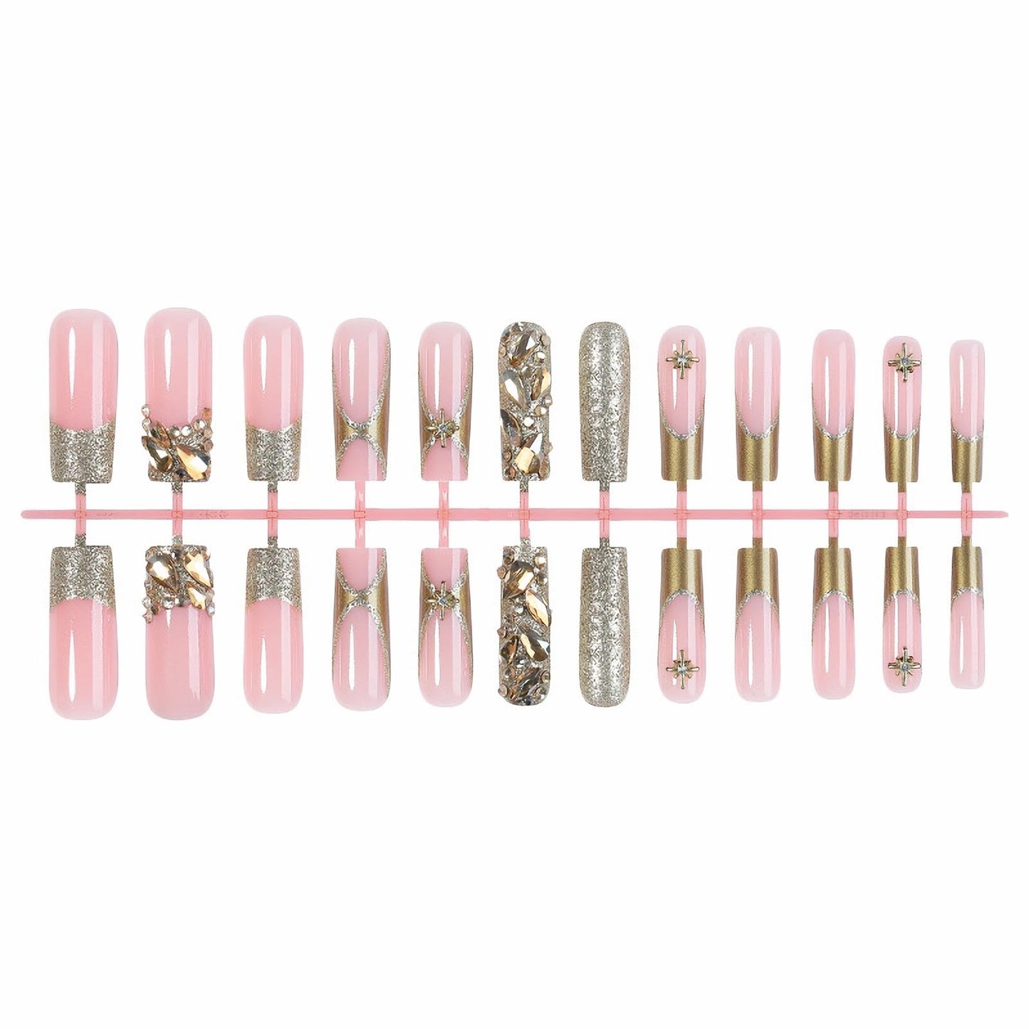 MISUD Press on Nails - Long Square Fake Nails with Gold Chrome, Acrylic Bling Glitter Rhinestone Design 24 pcs