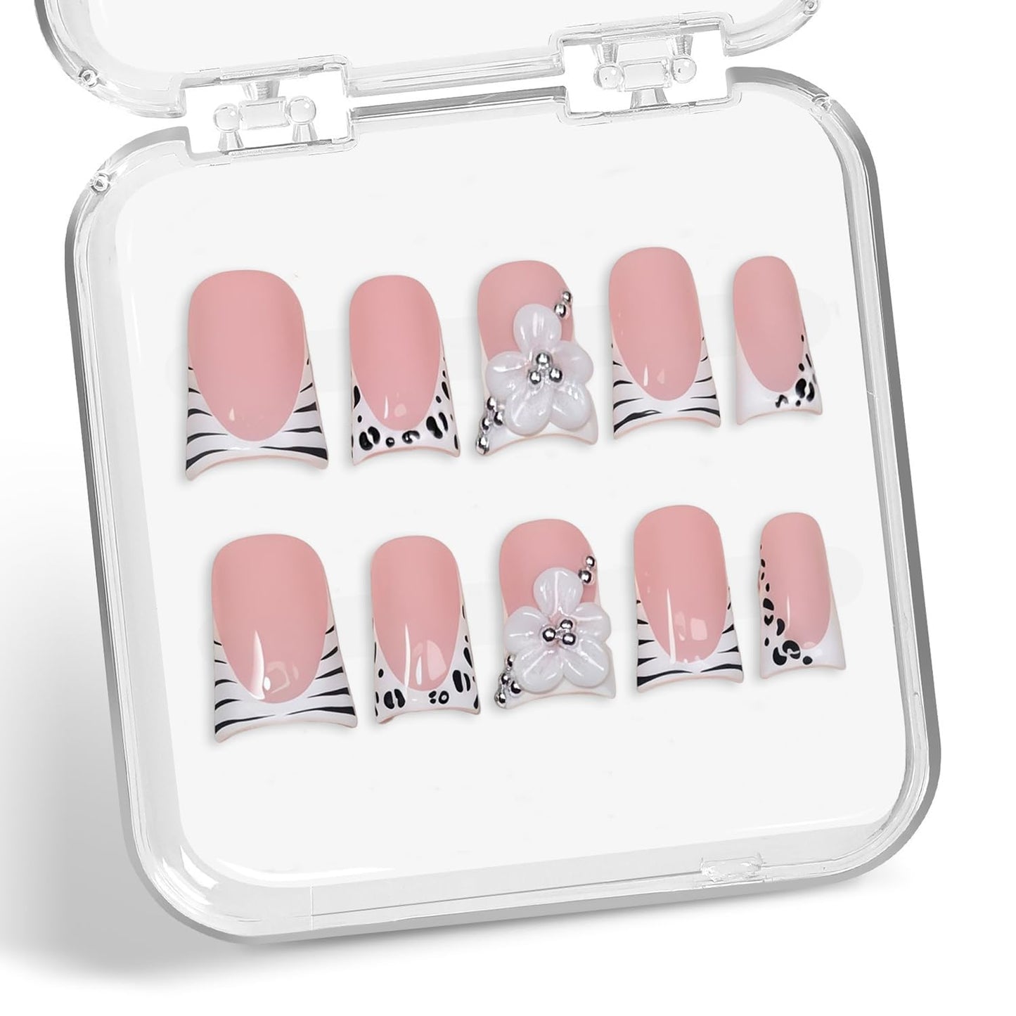 Handmade Press on Nails Short Duck Stick on Nails Zebra Stripes French Tip Fake Nails 3D HandmadeFlowers with Designs Thick Full Cover Acrylic Nails False Nail for Women（M)