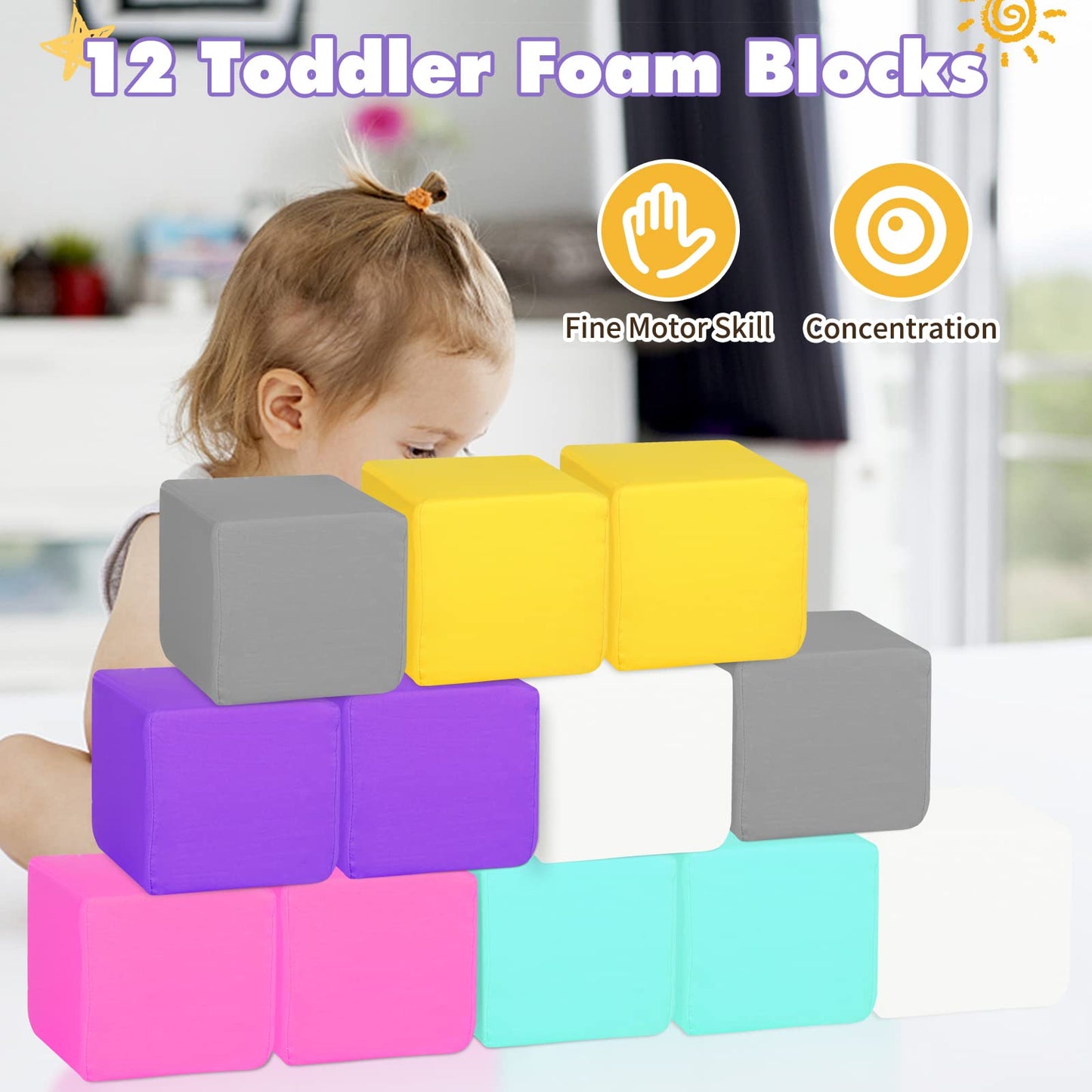MODEREVE Foam Blocks for Toddlers, Soft Building Blocks for Toddlers Colorful Stacking Blocks for Kids - 12 Pieces