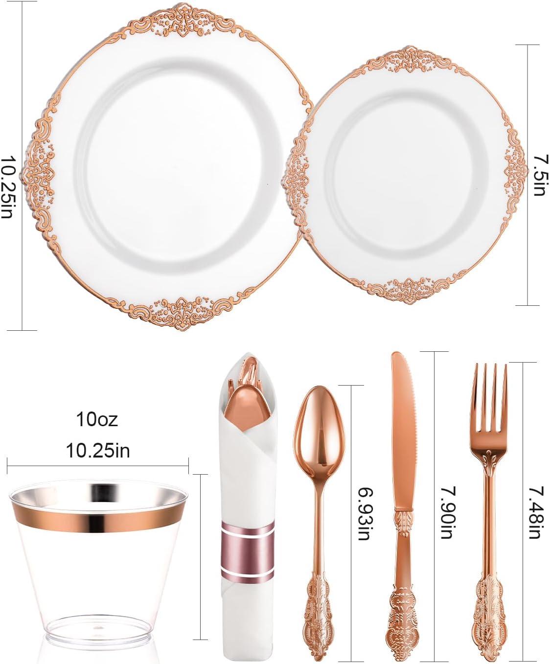 Goodluck 350 Piece Rose Gold Plastic Dinnerware Set for 50 Guests,Fancy Disposable Plates,Include: 100 Rose Gold Rim Plastic Plates,150 Silverwares,50 Pre Rolled Napkins,50 Cups for Party,Wedding