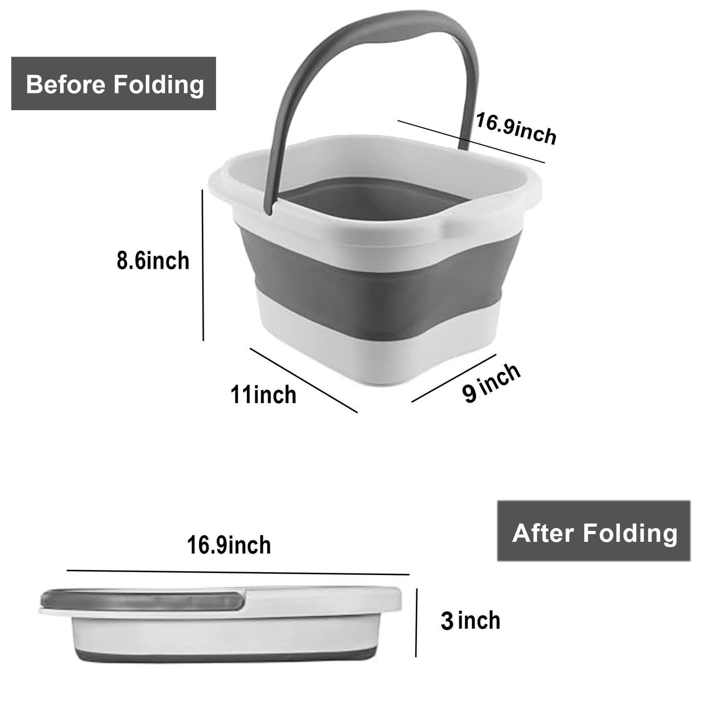 Leemeimei Collapsible Foot Soak Tub 15L(4 GL) with Handle, Bath Massager for Dry Cracked Feet, Plastic Grey Foot Bucket