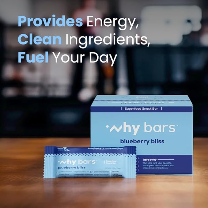 Why Bars, Protein Bars, Blueberry Bliss, 2.04 Ounce Bars (Pack of 12 Protein Bars) - Protein Bar Superfood, Gluten Free, Non GMO, Organic, Vegan, Simple Ingredients