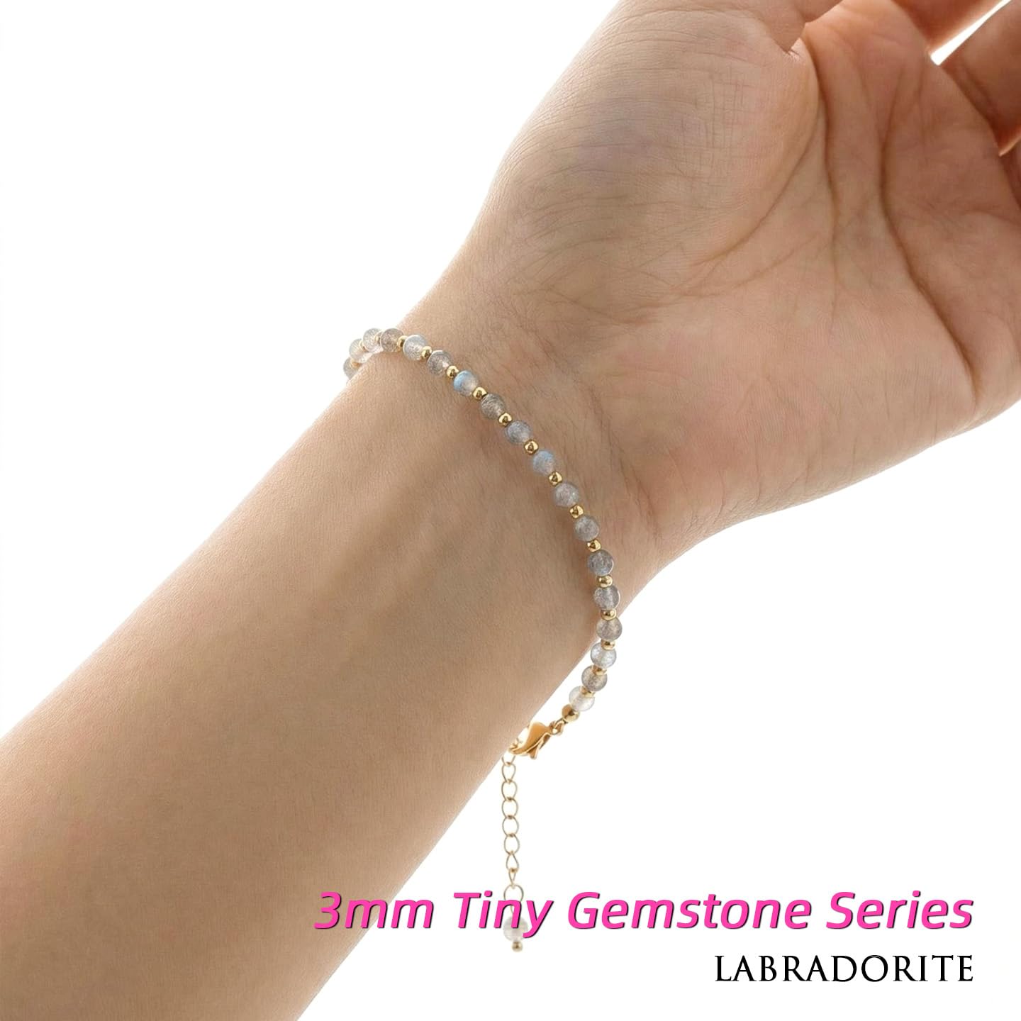 Morchic 3mm Gray Labradorite Natural Gemstone Beaded Bracelet for Women, Dainty Tiny Charm Jewelry, Adjustable 7.1-8.6", Ideal Birthday Holiday Gift