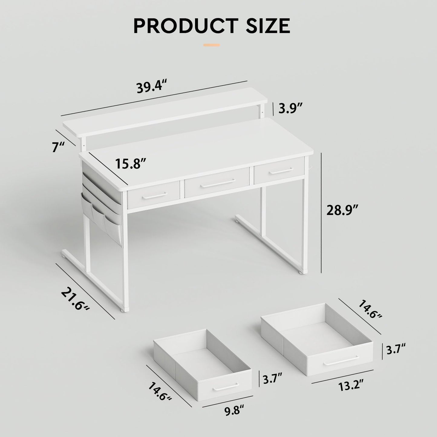 Maihail Small Desk with Drawers, 39.4X15.8-22.9 Inches Office Computer Desk with Side Pocket & Ergonomic Monitor Stand, Writing Table for Small Spaces, Bedroom, White
