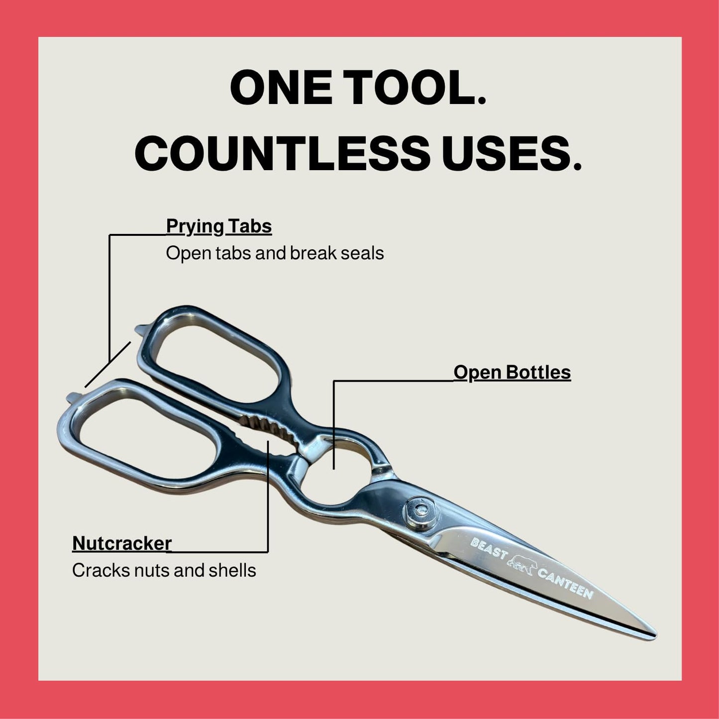 Heavy Duty Kitchen Scissors for Food — All Purpose Cooking Scissors, All Stainless Steel, No Plastic, Come-Apart Blades for Easy Cleaning, Dishwasher Safe, 5-in-1 Multi-Tool