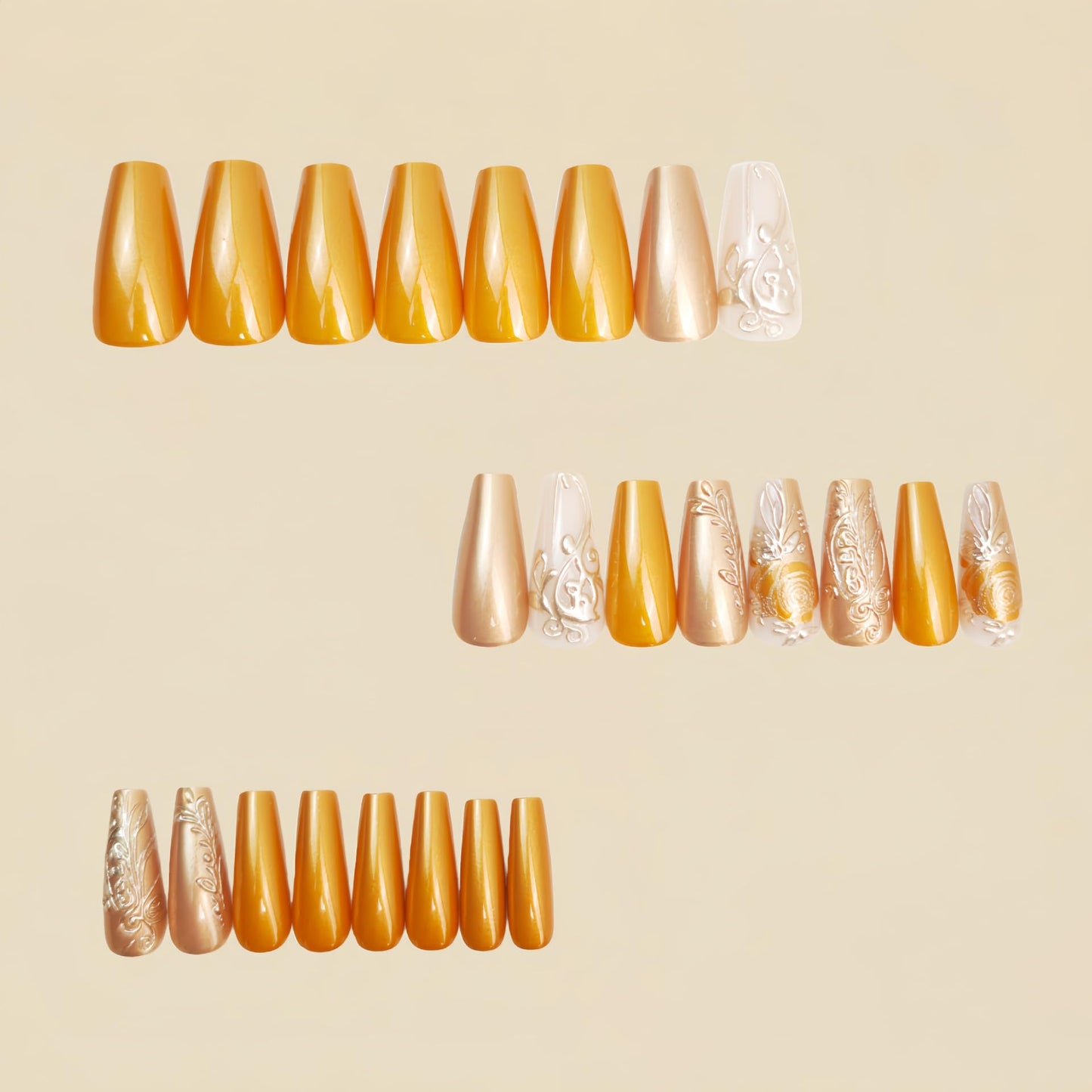 Press on Nails Medium Square Fake Nails Gold Flowers Leaf False Nails Glossy Metal Chrome Acrylic Nails Full Cover Glue on Nail Reusable Artificial Nail for Women Manicure 24Pcs