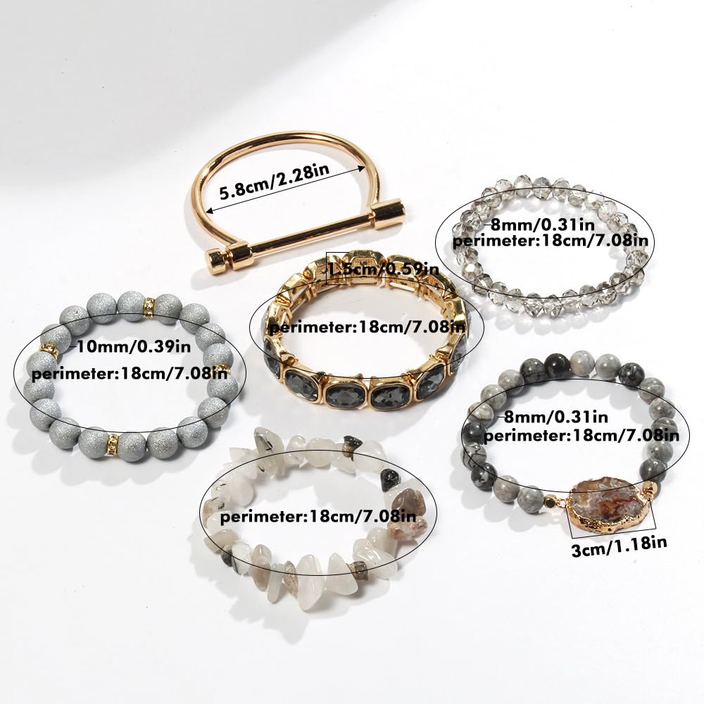 Yomisa Boho Beaded Bracelets/Bangle for Women,Multilayer Wrap 6PCS Healing Natural Jasper Stone Bead Bracelets Stackable Friendship Stretch Beaded Bracelet Set Trendy Bohemian Jewelry Gift,Silver Gold
