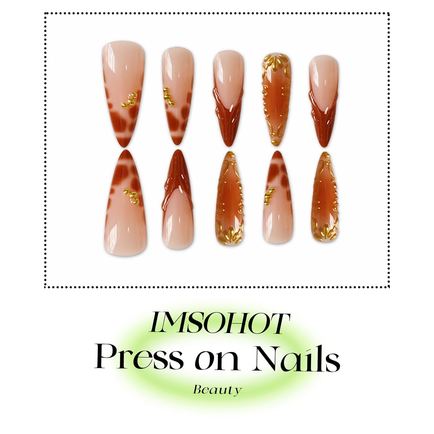 IMSOHOT Press on Nails Long Stiletto Fake Nails Brown Crocodile Print French Tips False Nails with 3D Chrome Gold Pattern Designs Glossy Acrylic Handmade Glue on Nails 24Pcs