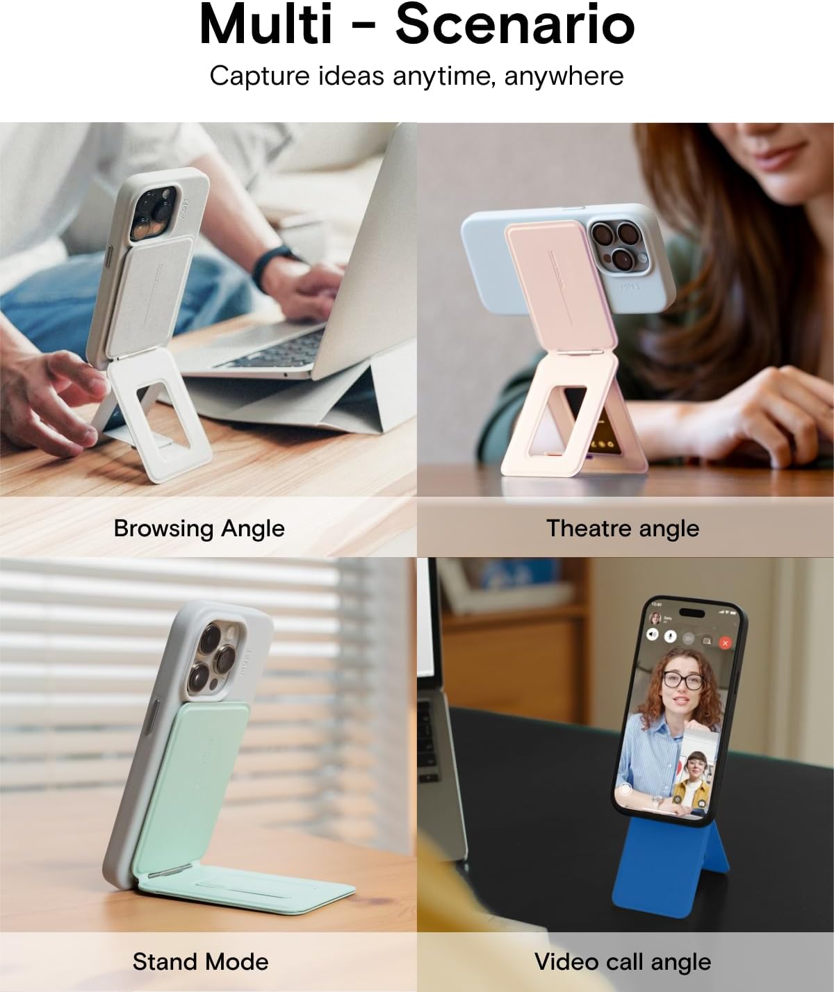 MOFT Phone Stand, Magnetic Phone Tripod Stand Stain-Resistant MOVAS Leather & Angle Adjustment & Strong Magnets Tripod for iPhone 16/15/14/13/12 (Included Metal Ring)-Cement