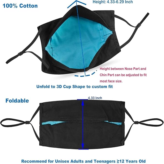 Yarehand 3-Ply Organic Cotton Cloth Face Mask Reusable Washable, Face Masks Adjustable Ear Loops Nose Wire Filter Pocket, Pack of 5 No Fog/Dust for Unisex Adult (5 Black)